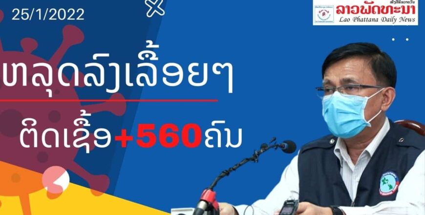 ເລີ່ມຫລຸດລົງເລື້ອຍໆ! ວັນທີ 25 ມັງກອນ 2022 ສປປ ລາວ ພົບຜູ້ຕິດເຊື້ອໂຄວິດ +560 ຄົນ ແລະ ເສຍຊີວິດ +2 ຄົນ ເລີ່ມຫລຸດລົງເລື້ອຍໆ! ວັນທີ 25 ມັງກອນ 2022 ສປປ ລາວ ພົບຜູ້ຕິດເຊື້ອໂຄວິດ +560 ຄົນ ແລະ ເສຍຊີວິດ +2 ຄົນ