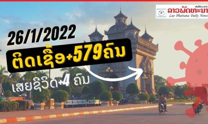 ວັນທີ 26 ມັງກອນ 2022 ສປປ ລາວ ພົບຜູ້ຕິດເຊື້ອໂຄວິດ 19 ເພີ່ມ +579 ຄົນ ແລະ ເສຍຊີວິດໃໝ່ +4 ຄົນ