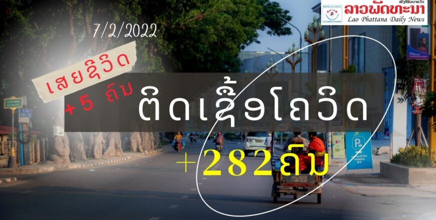 ຕົວເລກຫລຸດລົງ, ວັນທີ 7 ກຸມພາ 2022 ສປປ ລາວ ພົບຜູ້ຕິດເຊື້ອໂຄວິດ19 ໃໝ່ +282 ຄົນ ແລະ ເສຍຊີວິດໃໝ່ +5 ຄົນ