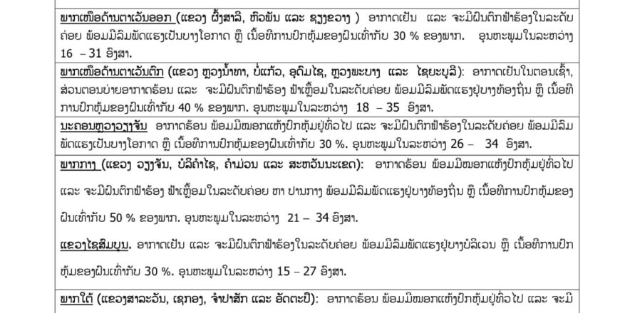 ຈະມີຝົນຕົກ ຟ້າຮ້ອງ ຟ້າເຫລື້ອມໃນລະດັບຄ່ອຍ ຫາ ປານກາງ