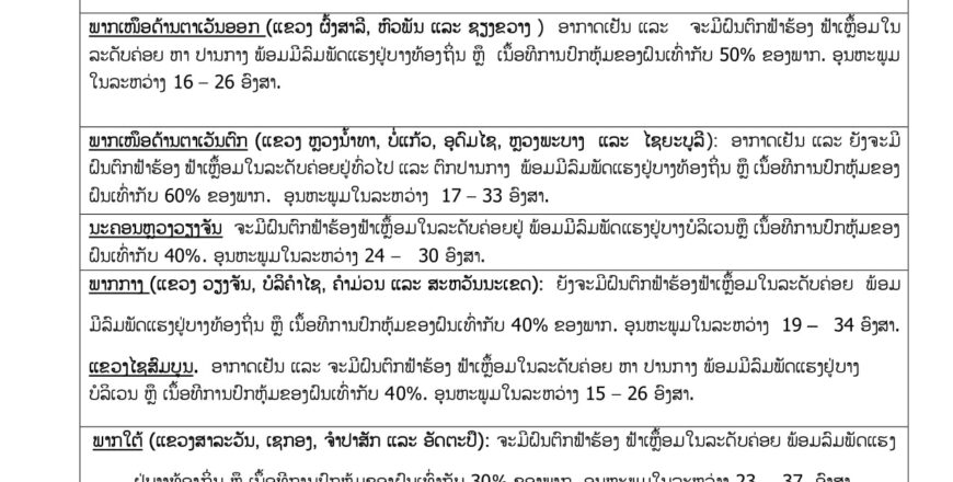 ພາກເໜືອອາກາດເຢັນກາງຄືນ ແລະ ຍັງມີຝົນຕົກ ຟາຮ້ອງ ຟ້າເຫລື້ອມ ພາກເໜືອອາກາດເຢັນກາງຄືນ ແລະ ຍັງມີຝົນຕົກ ຟາຮ້ອງ ຟ້າເຫລື້ອມ