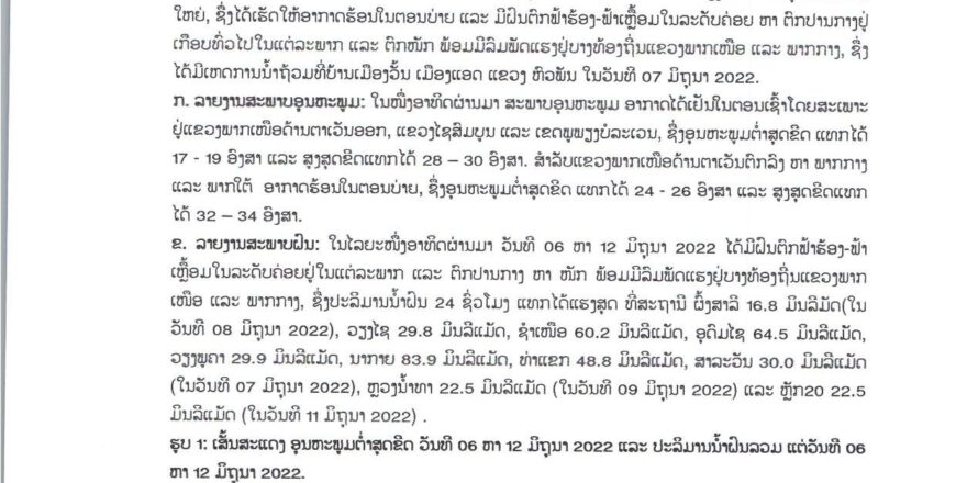 ຈະມີຝົນຕົກ ຟ້າຮ້ອງ ຟ້າເຫລື້ອມ ແລະ ດິນເຈື່ອນ ໃນໄລຍະວັນທີ 13-16 ມິຖຸນາ