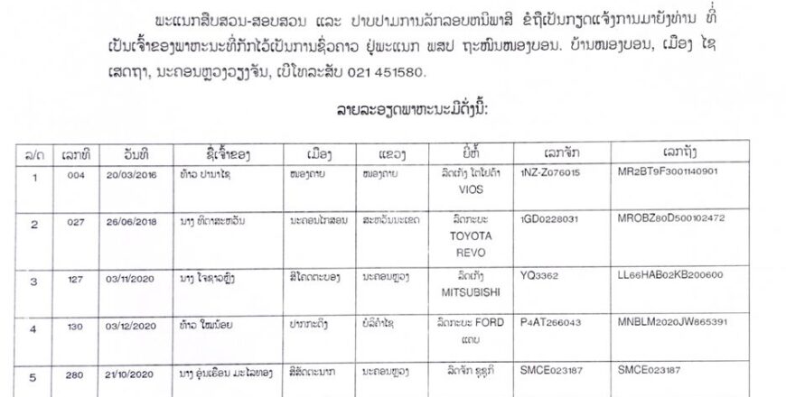 ປະກາດຫາເຈົ້າຂອງລົດໃຫ້ຮີບຮ້ອນມາພົວພັນເອົາ