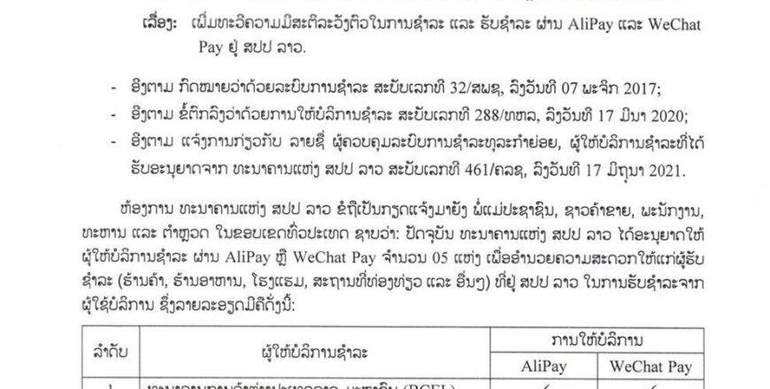 ແຈ້ງການ: ເພີ່ມທະວີຄວາມມີສະຕິລະວັງຕົວໃນການຊຳລະ ແລະ ຮັບຊຳລະ ຜ່ານ AliPay ແລະ WeChat Payຢູ່ ສປປ ລາວ