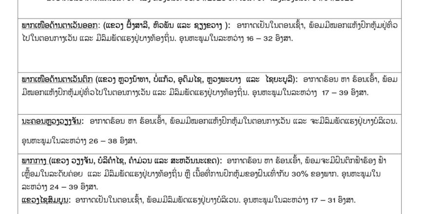 ພາກເໜືອ ແລະ ນະຄອນຫລວງ ມີແຕ່ລົມ ສ່ວນພາກກາງຫາພາກໃຕ້ມີຟ້າຮ້ອງຟ້າເຫລື້ອມ ໂອກາດເກີດຝົນ 30-40% ຂອງພື້ນທີ່