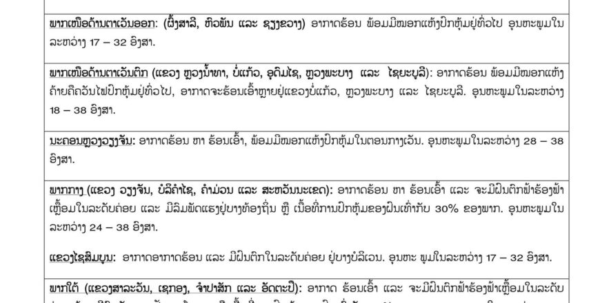 ວັນທີ 13 ເມສານີ້ ອາກາດຈະຮ້ອນເອົ້າຂຶ້ນຕື່ມ ແລະ ຈະມີຝົນຕົກ, ຟ້າຮ້ອງ, ຟ້າເຫລື້ອມ ພ້ອມມີລົມພັດແຮງຢູ່ບາງທ້ອງຖິ່ນ