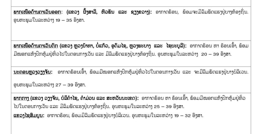 ອາກາດຈະຮ້ອນອົບເອົ້າທົ່ວທຸກພາກ ສ່ວນເຂດພູພຽງບໍລະເວນຈະມີຝົນຕົກຟ້າຮ້ອງ ຟ້າເຫຼື້ອມ