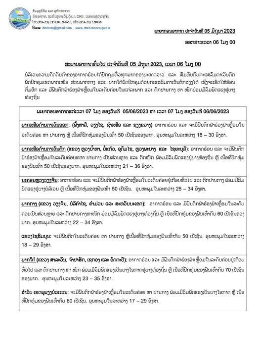 ມື້ນີ້ ທົ່ວທຸກພາກ ຂອງປະເທດລາວ ຈະມີ ຝົນຕົກຟ້າຮ້ອງຟ້າເຫລື້ອມໃນລະດັບກາງ ຫາຕົກໜັກ ເນື້ອທີ່ການປົກຫຸ້ມຂອງຝົນເທົ່າກັບ 50%-70% ຂອງພາກ