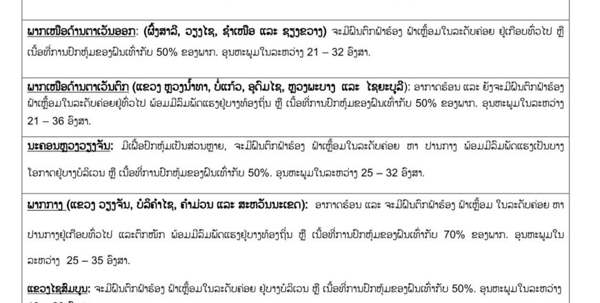 ອຸຕຸເຕືອນ! ຈະມີຝົນຕົກ ຢູ່ທົ່ວທຸກພາກຂອງປະເທດລາວ ການປົກຫຸ້ມຂອງຝົນແຕ່ 40-70% ຂອງພື້ນທີ່ ອຸຕຸເຕືອນ! ຈະມີຝົນຕົກ ຢູ່ທົ່ວທຸກພາກຂອງປະເທດລາວ ການປົກຫຸ້ມຂອງຝົນແຕ່ 40-70% ຂອງພື້ນທີ່