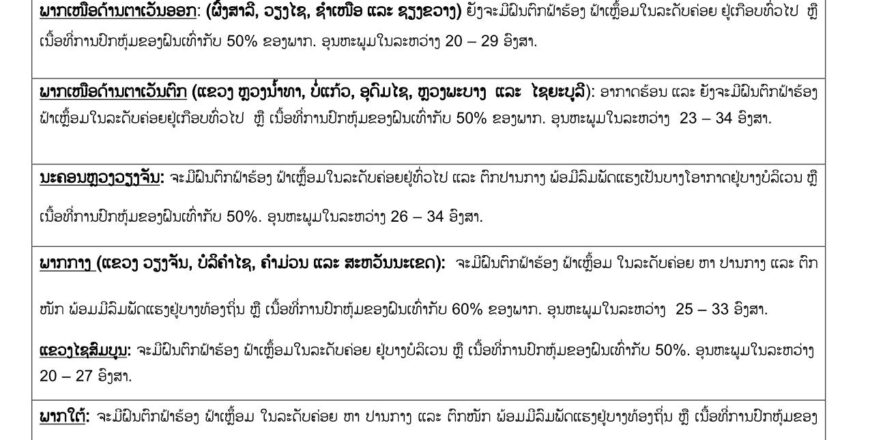 ອຸຕຸລາຍງານ!! ຈະມີຝົນຕົກ ຟ້າຮ້ອງ ຟ້າເຫລື້ອມ ໃນແຕ່ລະພາກ ສ່ວນນະຄອນຫລວງເນື້ອທີ່ການປົກຫຸ້ມຂອງຝົນ 50%