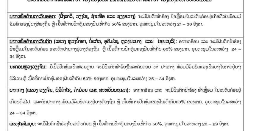 ອາກາດຮ້ອນປົກຄຸມ ແລະ ຈະມີຝົນຕົກຢູ່ທົ່ວທຸກພາກຂອງປະເທດລາວ
