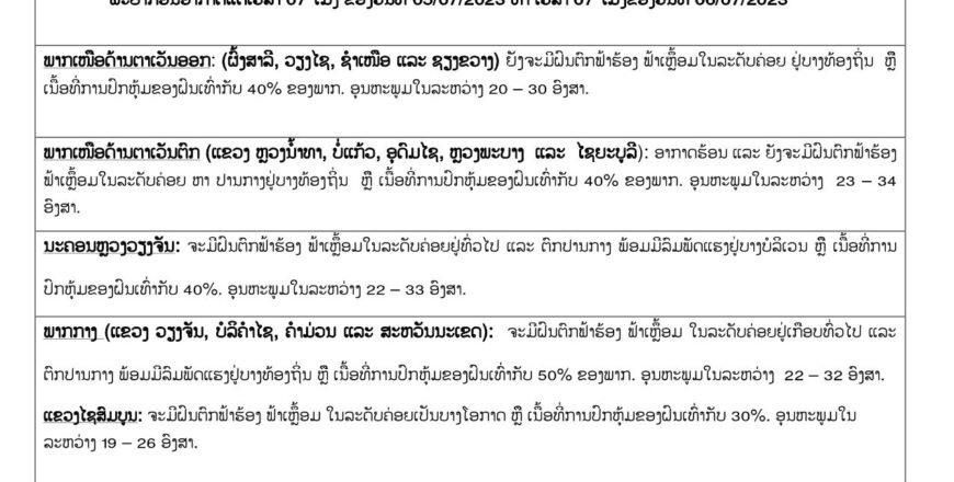 ຈະມີຝົນຕົກ ຟ້າຮ້ອງ ຟ້າເຫລື້ອມ ແລະ ມີລົມແຮງຢູ່ແຕ່ລະພາກ ເນື້ອທີ່ປົກຫຸ້ມຂອງຝົນເທົ່າກັບ 40%