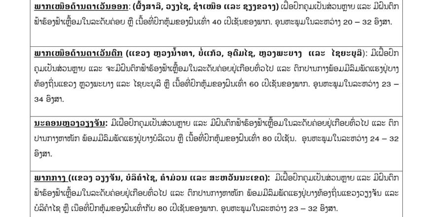 ກຽມຮັບມື!! ທົ່ວທຸກພາກຈະມີລົມພັດແຮງ ແລະ ຝົນຕົກໜັກ ສຳລັບນະຄອນຫລວງມີເນື້ອທີ່ປົກຫຸ້ມຂອງຝົນ 80%