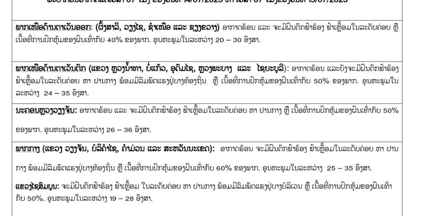 ຈະມີຟ້າເຫຼື້ອມ ຟ້າຮ້ອງ ແລະ ຝົນຕົກກວມເອົາ 40-50% ຂອງພື້ນທີ່ໃນແຕ່ລະແຂວງ