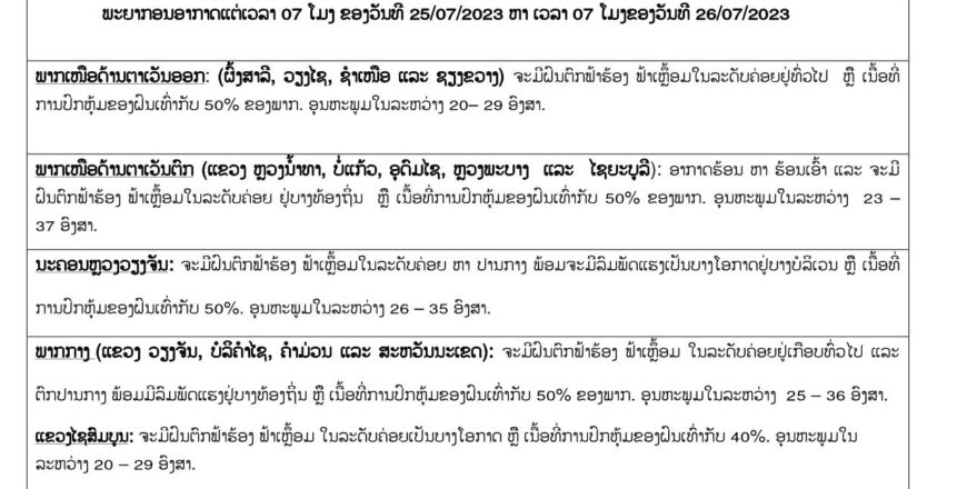 ພາກກາງ ແລະ ພາກໃຕ້ ອາກາດຈະຮ້ອນ ພ້ອມມີຝົນຕົກຟ້າຮ້ອງຟ້າເຫລື້ອມໃນລະດັບຄ່ອຍ ກວມເອົາ 50-60% ຂອງພື້ນທີ່
