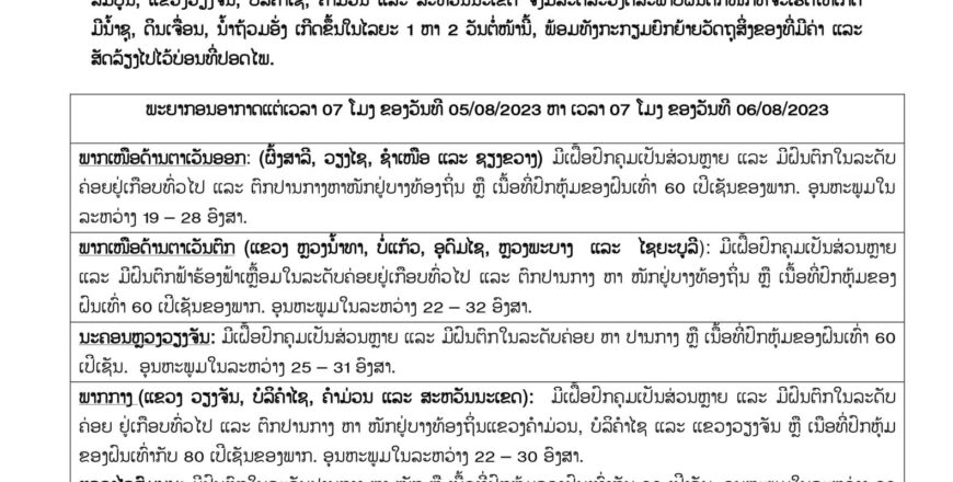 ອຸຕຸແຈ້ງເຕືອນນ້ຳຖ້ວມ ກຽມຍົກຍ້າຍວັດຖຸສິ່ງຂອງທີ່ມີຄ່າ ແລະ ສັດລ້ຽງໄປໄວ້ບ່ອນທີ່ປອດໄພ