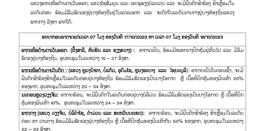 ແຂວງພາກເໜືອອາກາດຈະເຢັນ ແລະ ຈະມີ ຝົນຕົກ ຟ້າຮ້ອງ ຟ້າເຫລື້ອມຢູ່ແຂວງພາກໃຕ້