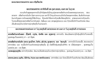 ໄຊສົມບູນ ແລະ ເຂດພູພຽງບໍລະເວນ ອາກາດຍັງຈະ ເຢັນໃນຕອນເຊົ້າ ແລະ ຈະມີຝົນຕົກໃນລະດັບຄ່ອຍ  ພ້ອມມີລົມພັດແຮງຢູ່ບາງທ້ອງຖິ່ນໃນແຕ່ລະພາກ
