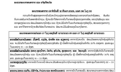ພາກກາງ ແລະ ພາກໃຕ້ ອາກາດຈະສືບຕໍ່ຮ້ອນໃນຕອນບ່າຍ ພ້ອມຈະມີລົມພັດແຮງເປັນບາງໂອກາດ