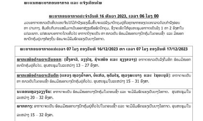 ອາກາດຈະເຢັນລົງ 1-2 ອົງສາໃນແຕ່ລະພາກ ພ້ອມຈະມີລົມພັດແຮງເປັນບາງ ໂອກາດ