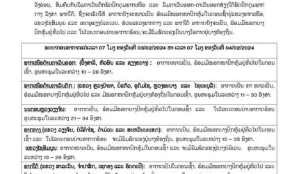 ໄຊສົມບູນ ແລະ ເຂດພູພຽງບໍລະເວນ ອາກາດຍັງຈະໜາວເຢັນ ສ່ວນນະຄອນຫລວງວຽງຈັນຕອນບ່າຍອາກາດຈະຮ້ອນ