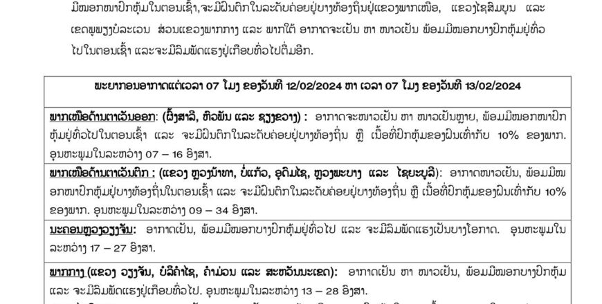 ອາກາດຍັງຈະໜາວເຢັນຫລາຍ ແລະ ຈະມີຝົນຕົກໃນລະດັບຄ່ອຍ ພ້ອມມີລົມພັດແຮງຢູ່ເກືອບທົ່ວໄປ ອາກາດຍັງຈະໜາວເຢັນຫລາຍ ແລະ ຈະມີຝົນຕົກໃນລະດັບຄ່ອຍ ພ້ອມມີລົມພັດແຮງຢູ່ເກືອບທົ່ວໄປ