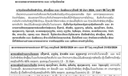 ແຈ້ງເຕືອນ: ຝົນຕົກ ຟ້າຮ້ອງ ຟ້າເຫລື້ອມ ແລະ ລົມພັດແຮງ ວັນທີ 30 ມີນາ 2024.