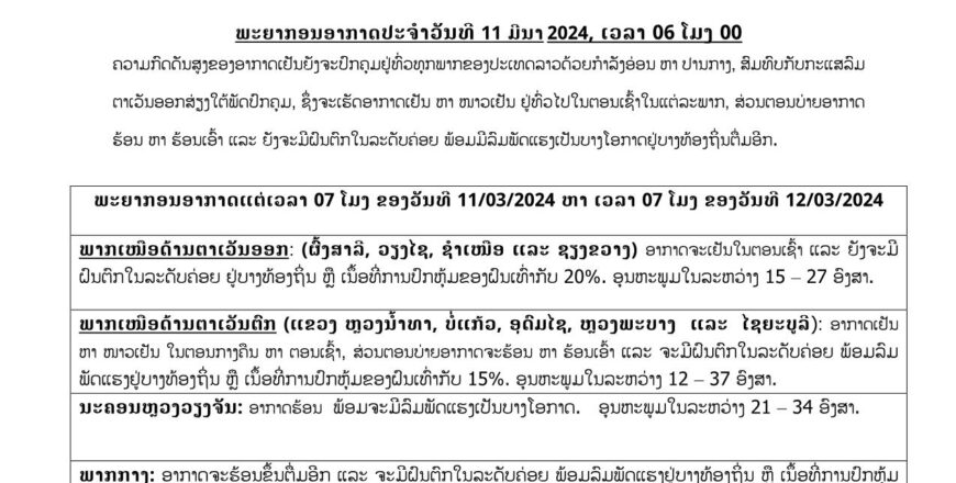 ຕອນບ່າຍຂອງມື້ນີ້ ອາກາດຈະຮ້ອນ ຫາຮ້ອນເອົ້າ ໃນແຕ່ລະພາກ ອຸນຫະພູມສູງເຖິງ 38 ອົງສາ ແລະ ຍັງຈະມີຝົນຕົກໃນລະດັບຄ່ອຍບາງທ້ອງຖິ່ນ ຕອນບ່າຍຂອງມື້ນີ້ ອາກາດຈະຮ້ອນ ຫາຮ້ອນເອົ້າ ໃນແຕ່ລະພາກ ອຸນຫະພູມສູງເຖິງ 38 ອົງສາ ແລະ ຍັງຈະມີຝົນຕົກໃນລະດັບຄ່ອຍບາງທ້ອງຖິ່ນ