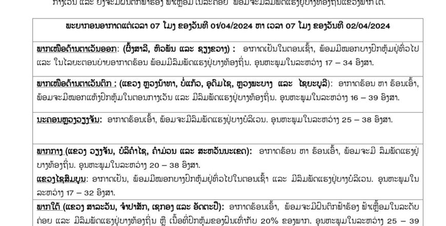 ແຂວງ ສາລະວັນ, ຈໍາປາສັກ, ເຊກອງ ແລະ ອັດຕະປື ອາກາດຈະຮ້ອນເອົ້າ, ພ້ອມຈະມີຝົນຕົກຟ້າຮ້ອງ ຟ້າເຫລື້ອມ ແລະ ມີລົມພັດແຮງ ແຂວງ ສາລະວັນ, ຈໍາປາສັກ, ເຊກອງ ແລະ ອັດຕະປື ອາກາດຈະຮ້ອນເອົ້າ, ພ້ອມຈະມີຝົນຕົກຟ້າຮ້ອງ ຟ້າເຫລື້ອມ ແລະ ມີລົມພັດແຮງ