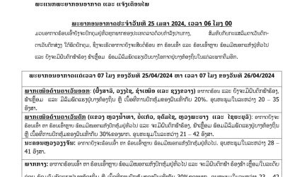 ຕອນບ່າຍອາກາດຈະຮ້ອນເອົ້າທະລຸ 42 ອົງສາ ພ້ອມຈະມີຝົນຕົກ ຟ້າຮ້ອງ ຟ້າເຫລື້ອມ ແລະ ລົມພັດແຮງຢູ່ບາງທ້ອງຖິ່ນ