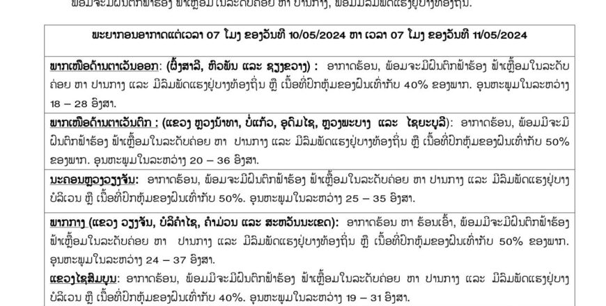ອຸຕຸເຕືອນ! ເຝົ້າລະວັງຝົນຕົກ ຟ້າຮ້ອງ ຟ້າເຫລື້ອມ ແລະ ລົມພັດແຮງ ຢູ່ບາງທ້ອງຖິ່ນ ເນື້ອທີ່ປົກຫຸ້ມຂອງຝົນ 40-50% ໃນແຕ່ລະພາກ ອຸຕຸເຕືອນ! ເຝົ້າລະວັງຝົນຕົກ ຟ້າຮ້ອງ ຟ້າເຫລື້ອມ ແລະ ລົມພັດແຮງ ຢູ່ບາງທ້ອງຖິ່ນ ເນື້ອທີ່ປົກຫຸ້ມຂອງຝົນ 40-50% ໃນແຕ່ລະພາກ