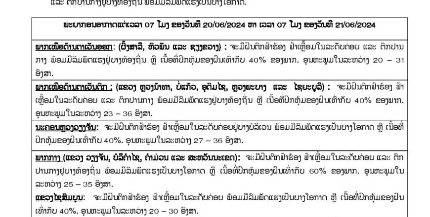 ຕອນບ່າຍອາກາດຈະຮ້ອນເອົ້າ ແລະ ມີຝົນຕົກ ຟ້າຮ້ອງ ຟ້າເຫລື້ອມ ພ້ອມມີລົມພັດແຮງຢູ່ໃນແຕ່ລະພາກ
