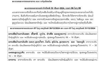 ອາກາດຈະເຢັນລົງ 1-2 ອົງສາໃນແຕ່ລະພາກ ນະຄອນຫລວງວຽງຈັນ ຕໍ່າສຸດ 16 ອົງສາ ແລະ ລົມພັດແຮງຢູ່ແຂວງພາກໃຕ້