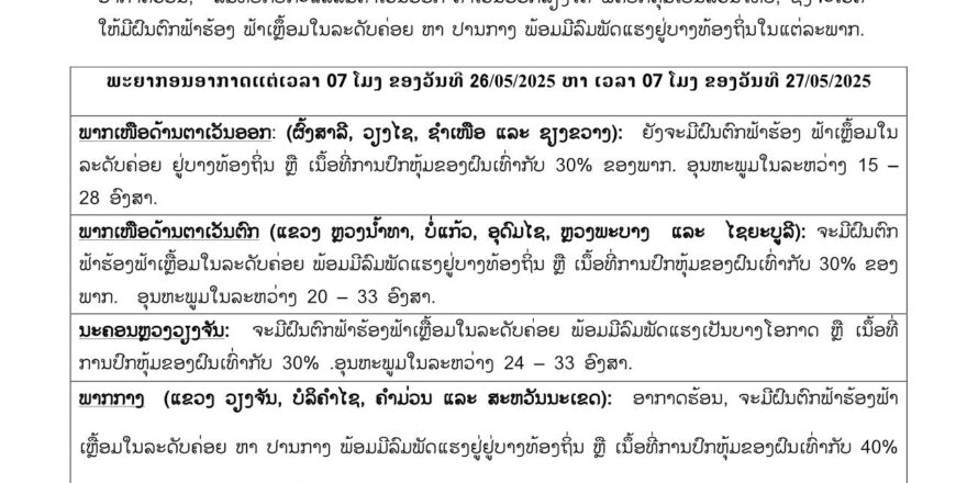 ລົມຕາເວັນຕົກປົກຄຸມ ຈະມີລົມແຮງ ແລະ ເກີດຝົນຢູ່ທົ່ວທຸກພາກຂອງລາວກວມ 30-50%