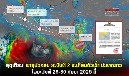 ອຸຕຸເຕືອນ! ພາຍຸບົວລອຍ ສະບັບທີ 2 ຈະເຄື່ອນຕົວເຂົ້າ ປະເທດລາວ ໄລຍະວັນທີ 28-30 ກັນຍາ 2025